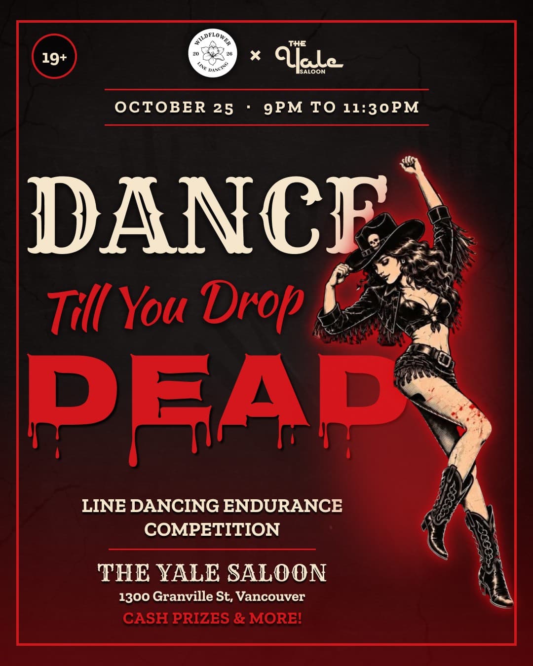 Dance Till You Drop Dead poster: line dancing endurance competition at The Yale Saloon, October 25, 9PM to 11:30PM